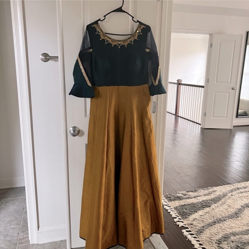 Golden mustard and nevy blue anarkali with dupatta